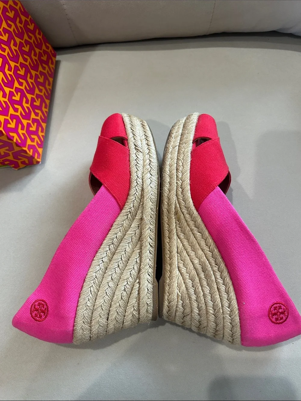 Tory Burch Two-Tone Pink and Red Canvas Wedge Espadrille